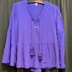 PREPPY LILLY PULITZER 100% SILK COBALT BLUE BOHO PEASANT BLOUSE W TASSELS L GUC